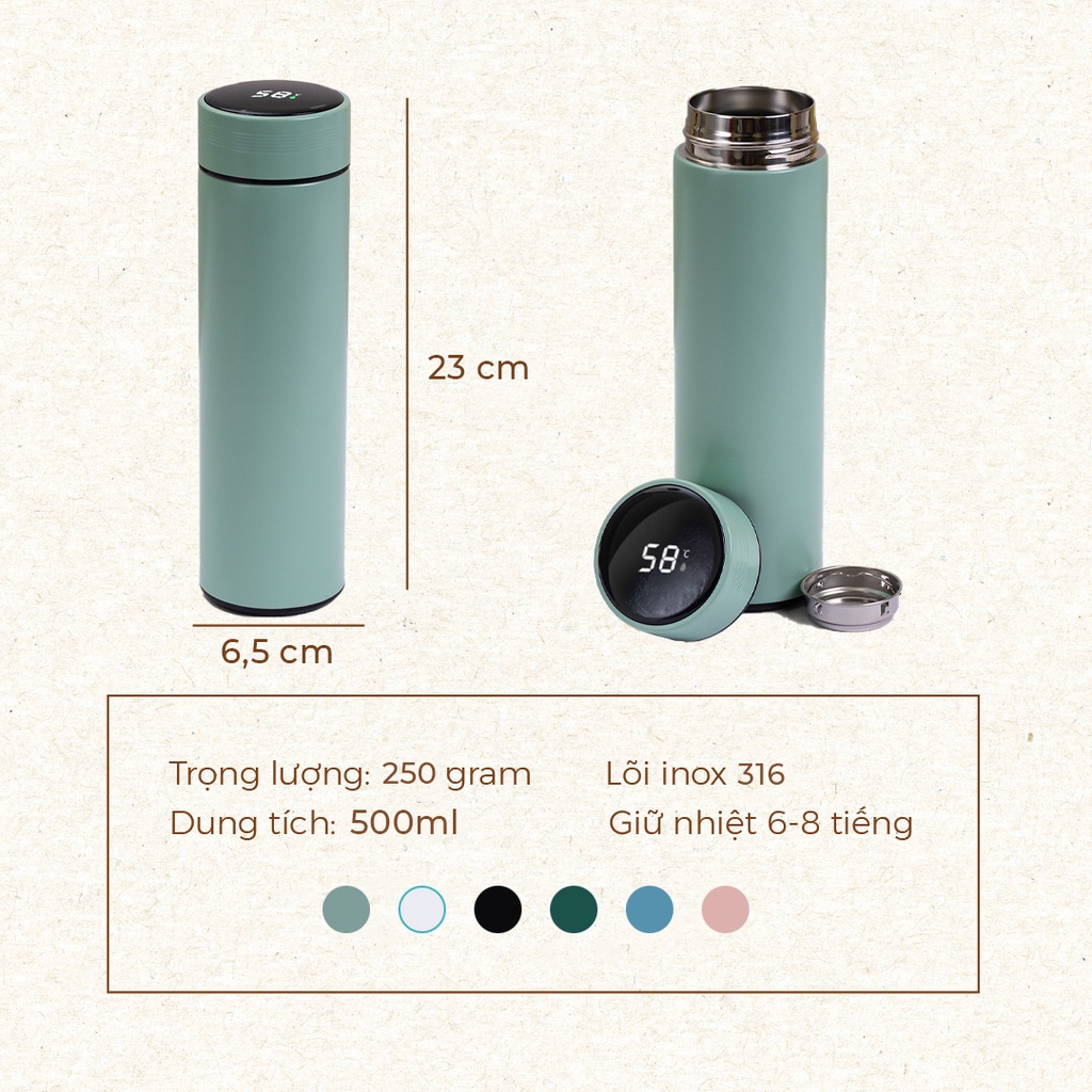 Bình nước giữ nhiệt pastel, bình đựng nước hiển thị nhiệt độ 500ml, inox316 BN-GN00122