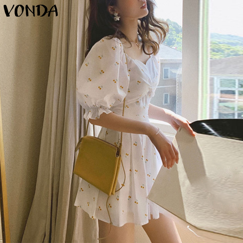 Đầm VONDA Tay Ngắn Cổ Vuông In Hoa Văn Phong Cách Hàn Quốc Thời Trang Cho Nữ