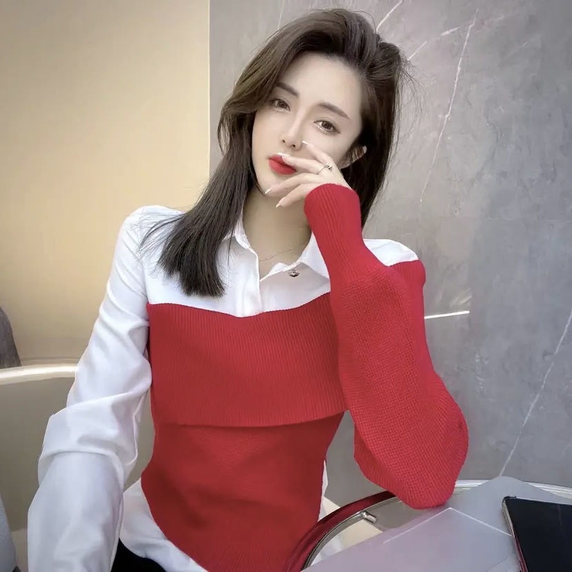 Áo kiểu tay dài cổ bẻ dáng ôm thời trang thu đông 2021 phong cách Pháp dành cho bạn nữ