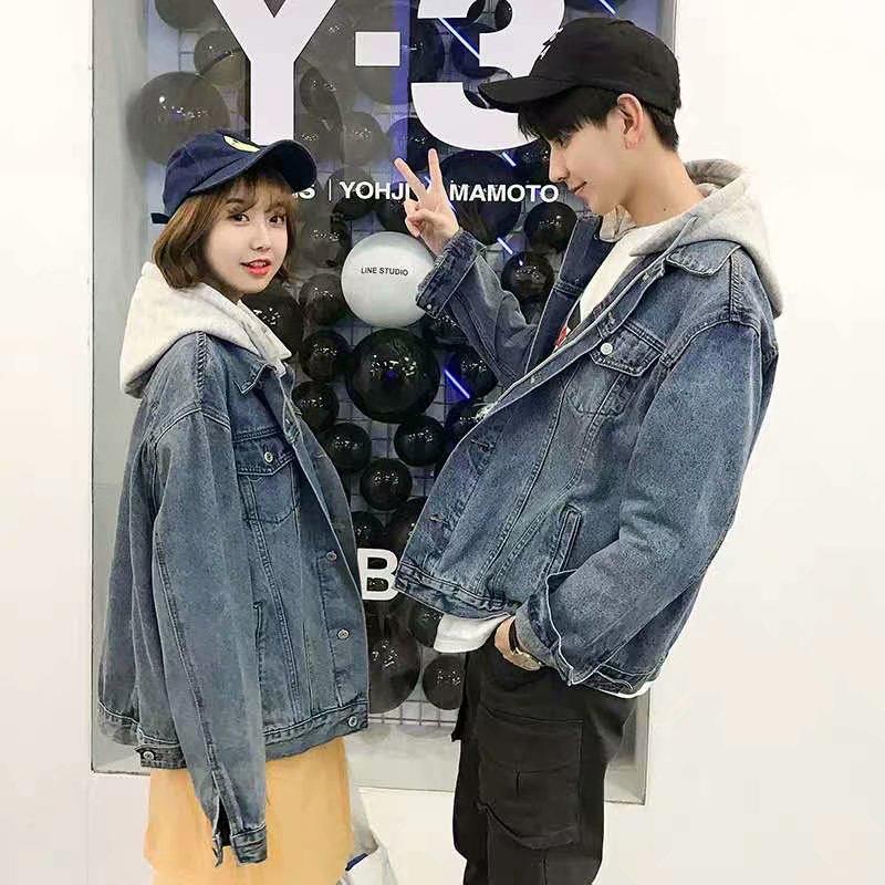 Hooded denim jacket Men's and women's couple wear Hong Kong style casual jacket Detachable hat All-match top coat INS Retro denim denim jacket Baseball jacket