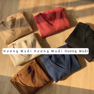 Áo len cổ tim trơn basic form rộng - hàng QC