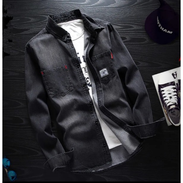 Mùa xuân và mùa thu Áo sơ mi denim đen nam dài tay Hàn Quốc Slim Hợp thời trang đẹp trai Áo sơ mi retro Nhật Bản | BigBuy360 - bigbuy360.vn