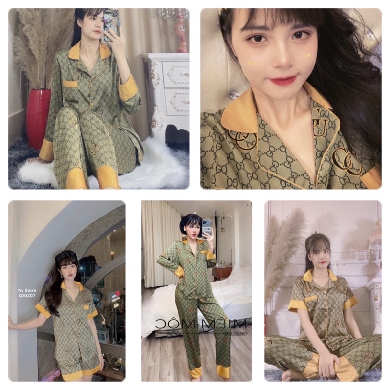 bộ pijama lụa qccc gucci xanh vàng