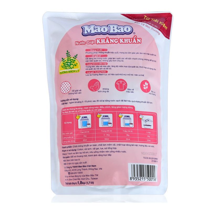 Nước giặt quần áo kháng khuẩn Mao Bao hương bách lý 1,8kg