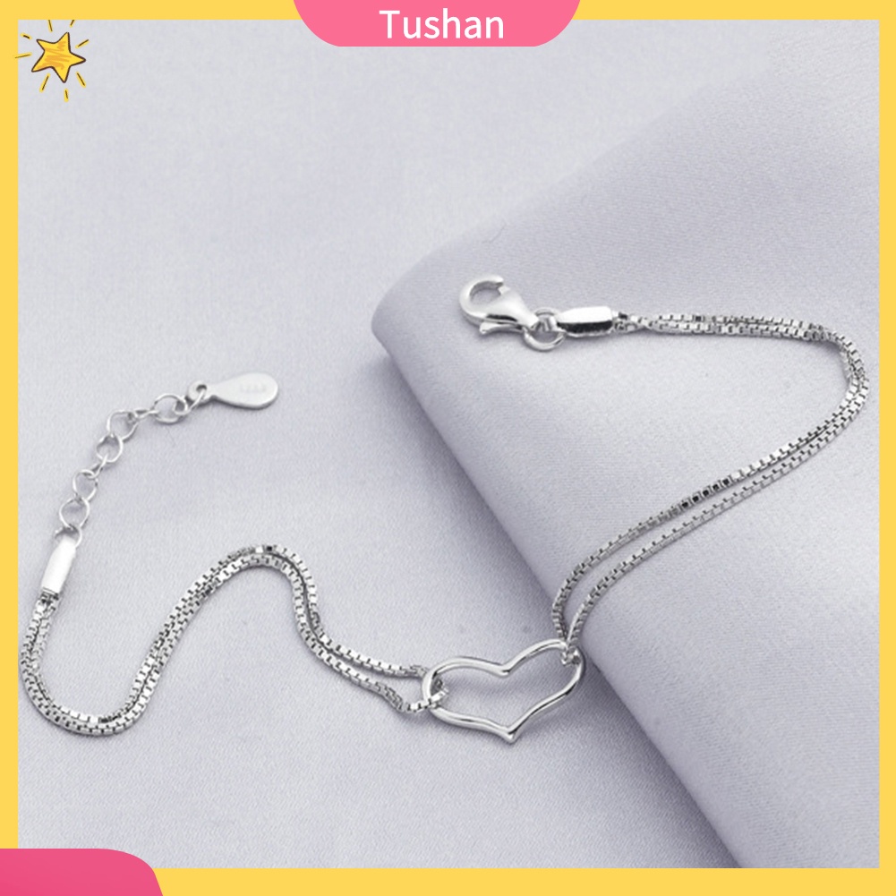 TUSH_Fashion Women Double Layer Chain Hollow Heart Charm Bracelet Bangle Jewelry