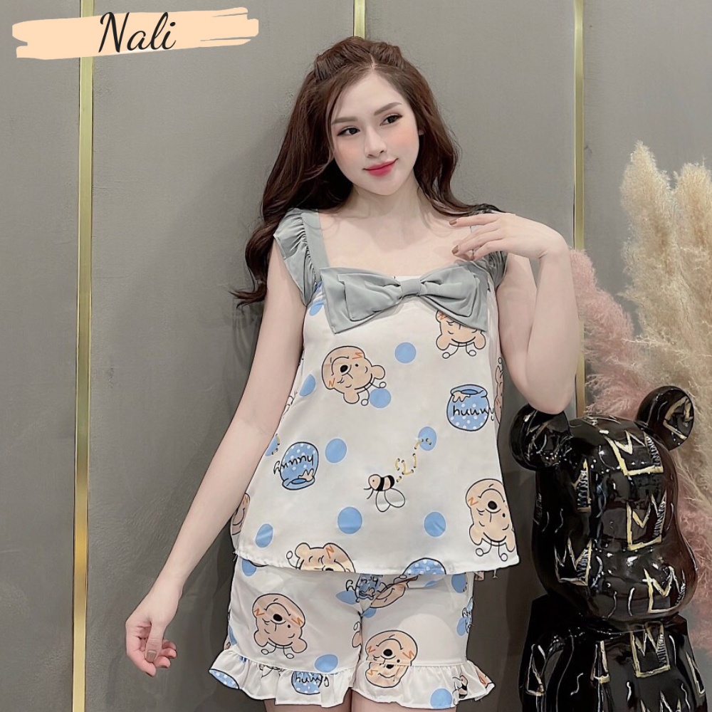 Đồ Bộ Ngủ Nữ 2 dây điệu đà phối nơ dễ thương, Bộ ngủ chất liệu lụa mango họa tiết ngộ nghĩnh đáng yêu DN03