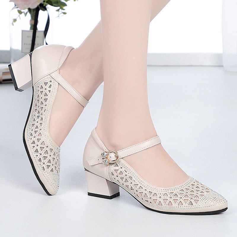 Giày Da Mềm Đế Vừa Phối Lưới Thoáng Khí Thời Trang Mùa Hè Cho Nữ Trung Niên