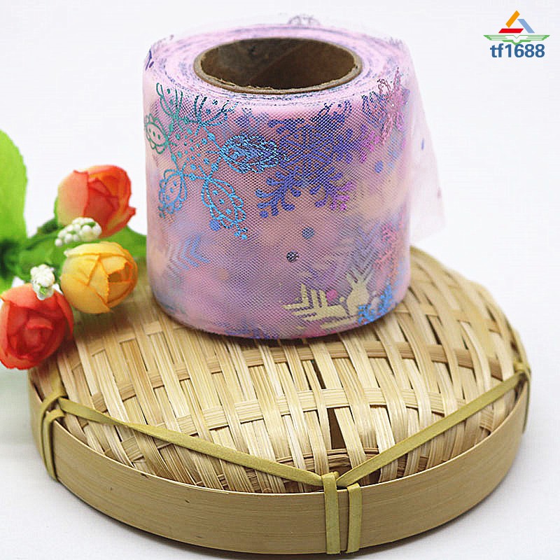 Cuộn Dây Ruy Băng Lưới 6cm 25 Yards Họa Tiết Bông Tuyết Lấp Lánh Làm Đồ Thủ Công Diy T16