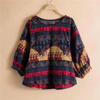 Áo sơ mi cotton lanh ngắn dáng rộng in họa tiết dân tộc phong cách dân tộc mới cho nữ
