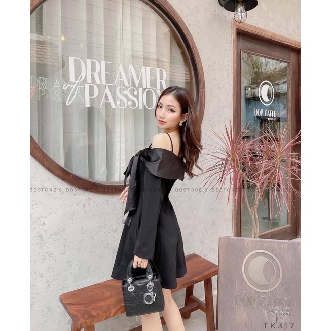 Đầm nữ đầm dự tiệc lệch vai 2 dây dáng xoè nơ ngực tiểu thư 2 lớp sang chảnh