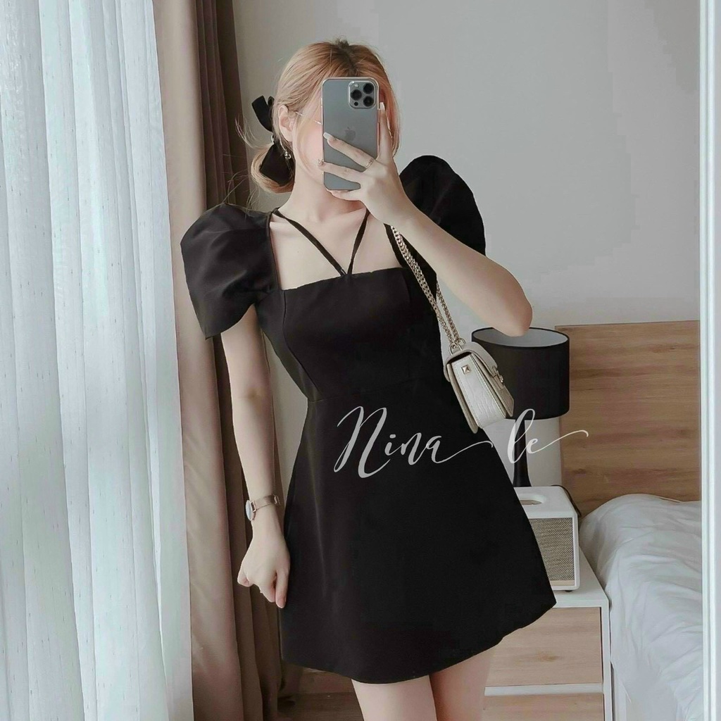 Đầm ngắn chữ A kiểu cổ vuông dây tay ngắn bồng