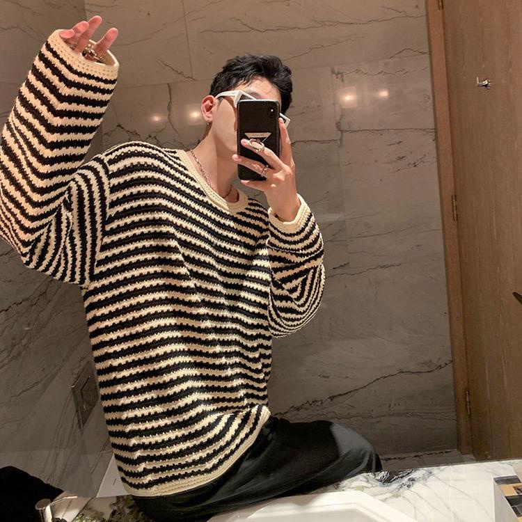 Aemape Áo Sweater Dệt Kim Mỏng Tay Dài Khoét Lỗ Kẻ Sọc Cao Cấp Phong Cách Retro Mùa Thu Cho Nam