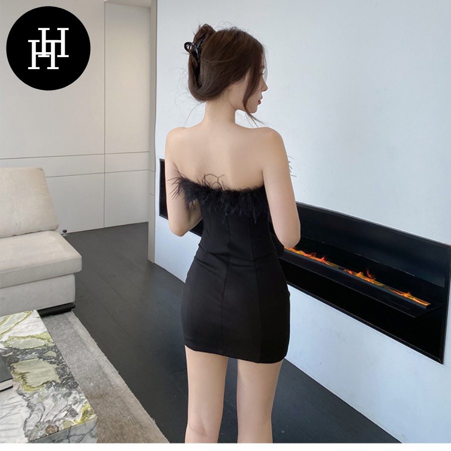 Đầm ống ôm body ngắn viền lông vũ màu đen HDT254 Hỉn Hỉn Store