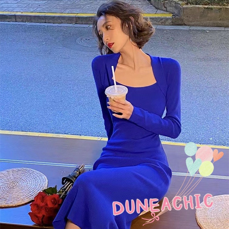 DUNEA Đầm Dệt Kim Cổ Vuông Lưng Cao Thiết Kế Quyến Rũ Cho Nữ