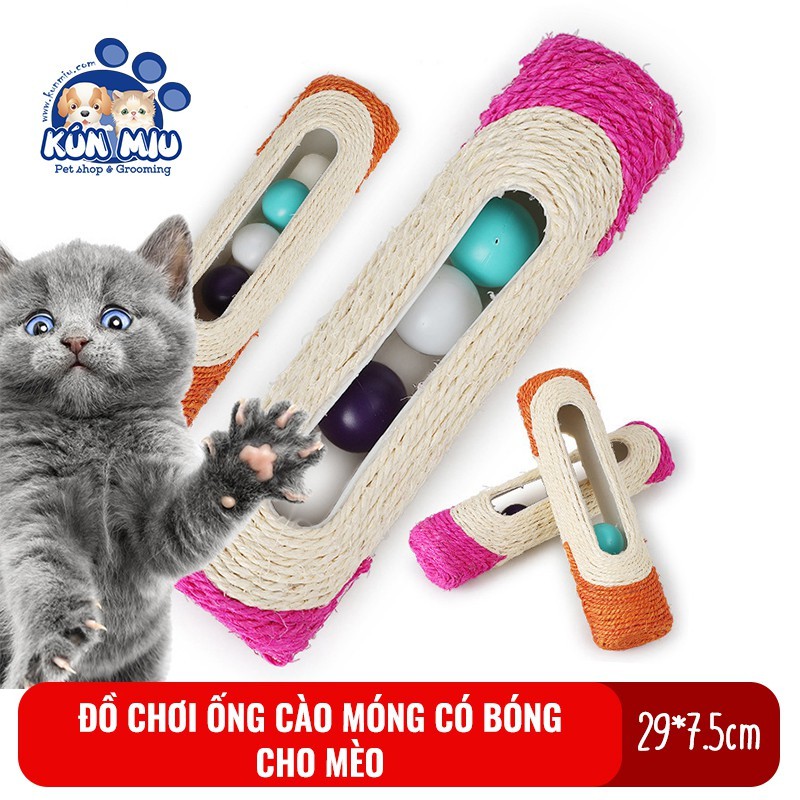 Đồ chơi ống cào móng có bóng cho mèo Kún Miu chất liệu thừng sisal nhiều màu sắc
