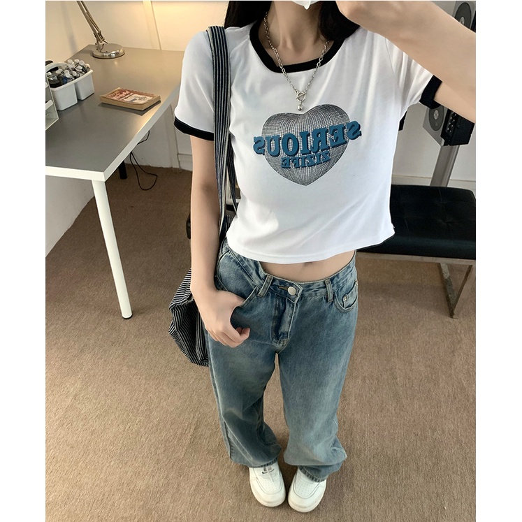 Áo Thun cotton Ngắn Tay Hở Vai Ôm Dáng Màu Sắc Tương Phản Thời Trang Cho Nữ