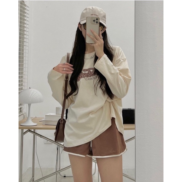 set bộ đồ nữ thu đông , áo dài tay chùm mông mix quần đùi chất cotton 3158 cá tính, áo thu đông dài tay in chữ 6d