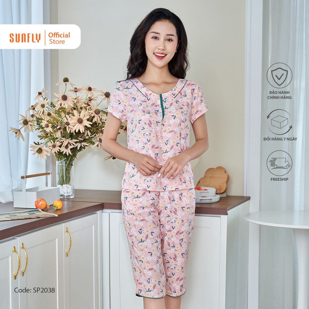 SP2038 Bộ Đồ Mặc Nhà Nữ Lanh SUNFLY Áo Cộc Quần Ngố