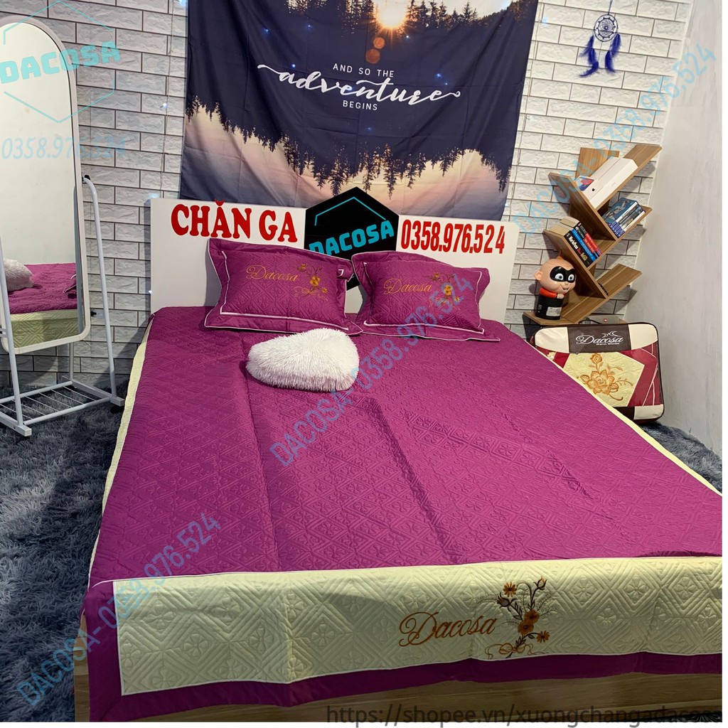 Set chăn ga gối xoa satin vải thêu thương hiệu DACOSA sang trọng