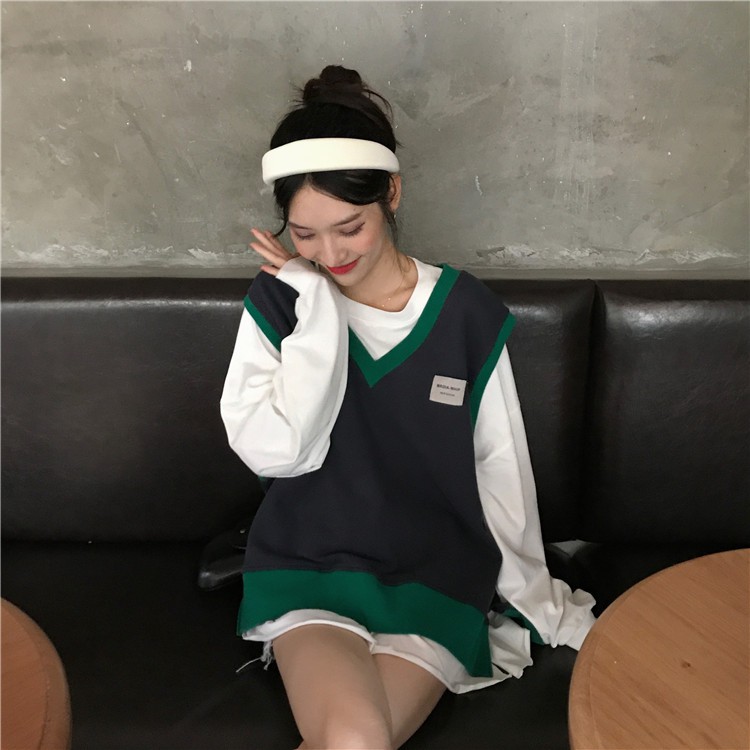 Áo Sweater Dệt Kim Không Tay Xẻ Tà Phong Cách Retro