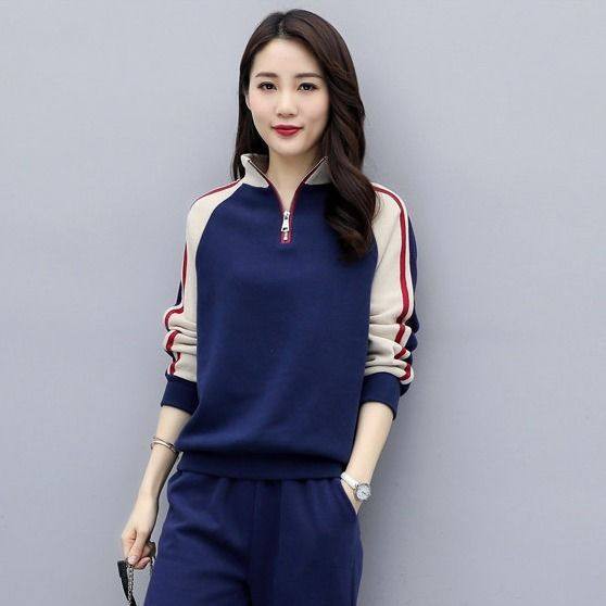 Bộ đồ thể thao nữ mùa thu áo len dài tay quần tây hai mảnh cổ đứng nối liền giản dị Phong cách Hàn Quốc mặc ngoài