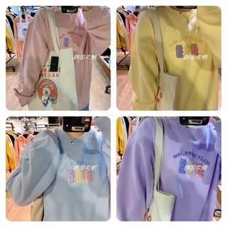 Áo sweater nữ form rộng cổ tròn thêu gấu, Áo hoddie nỉ bông thời trang thu đông phông cách Ulzzang