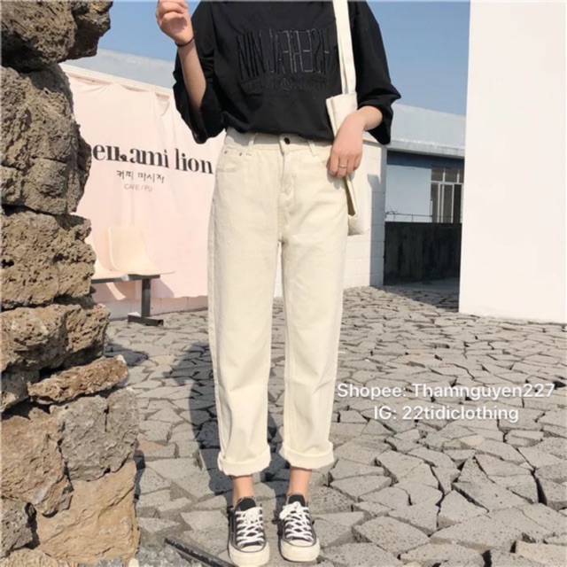 [Sẵn] Quần baggy jeans ulzzang màu kem / quần ống suông khaki jean cạp cao / nhận ...