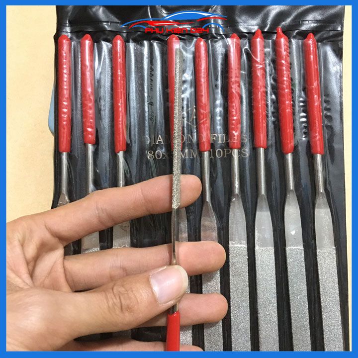Bộ 10 đầu mài kim cương dũa kim loại 180x5mm mũi tùy chọn tam giác, dẹt, lòng mo, tròn