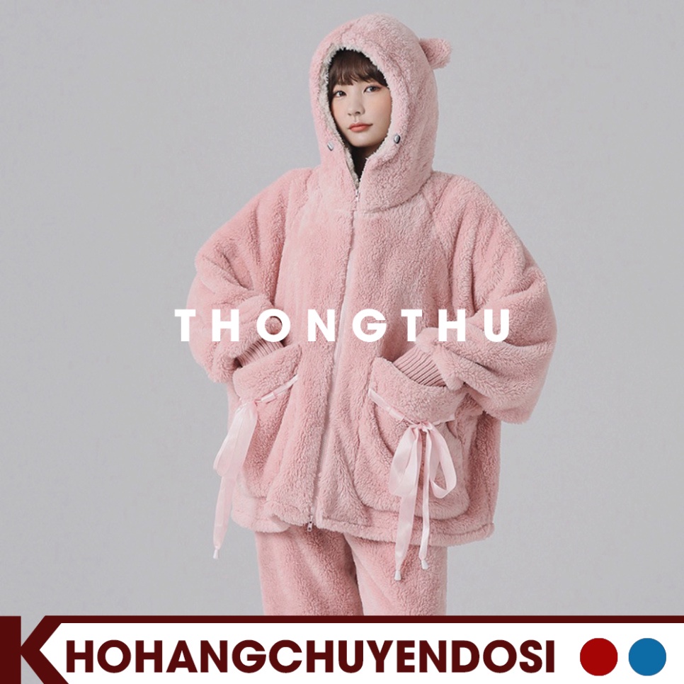 Bộ ngủ lông cừu giữ nhiệt mùa đông túi thắt nơ dễ thương,BNL02,set đồ mặc nhà nhung bông mềm mịn 2 màu hồng tím - THONGT | BigBuy360 - bigbuy360.vn