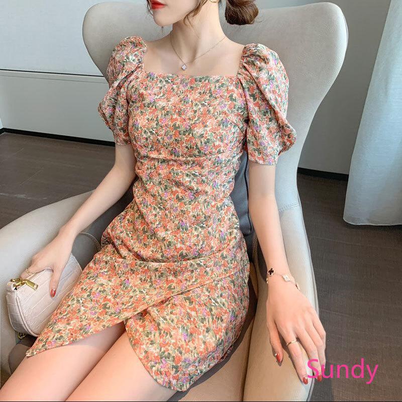 Đầm Hoa Cổ Vuông Tay Phồng Thời Trang Mùa Hè Cho Nữ