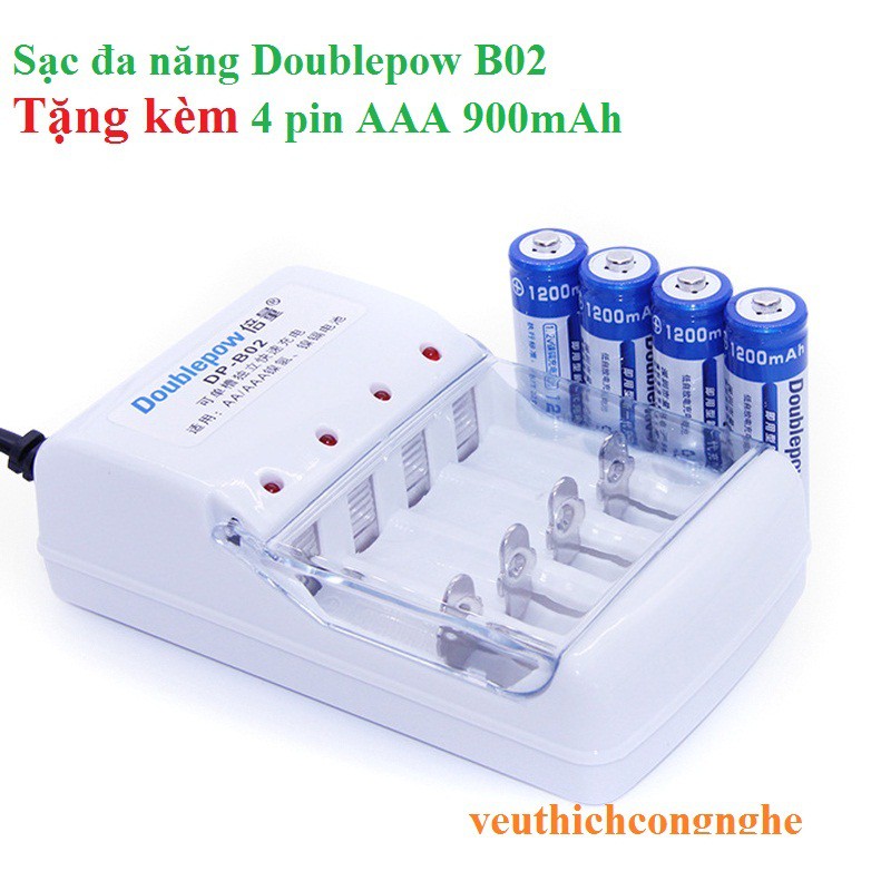 Combo bộ sạc pin đa năng Doublepow DP-B02 và 4 pin đũa sạc Doublepow AAA 900mAh