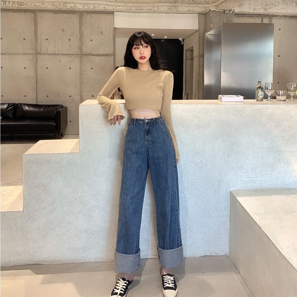 Quần jean ống rộng dài quần bò dáng suông lưng cao WANAWEAR chất liệu denim dày dặn mềm mại hot trend