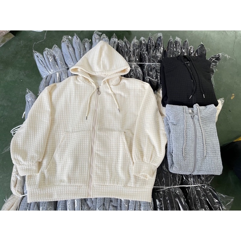 Áo khoác zip hoddie nỉ ô vuông, áo nỉ oversize