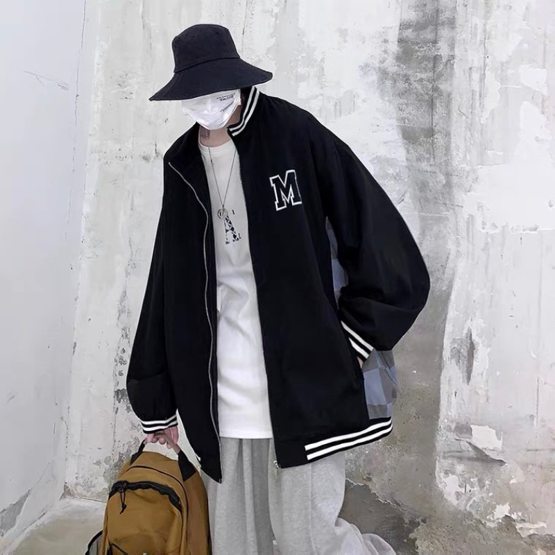✦AFFLIGA✦ Áo Khoác Bóng Chày Cổ Đứng Dáng Rộng In Họa Tiết Caro Phối Khóa Kéo Kiểu hip-hop Đường Phố Hàn Quốc Thời Trang Xuân Thu Cho Nam