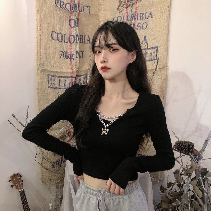 Áo Thun Ngắn Tay Dài Màu Đen Phối Dây Xích Phong Cách Hàn Quốc Cho Nữ