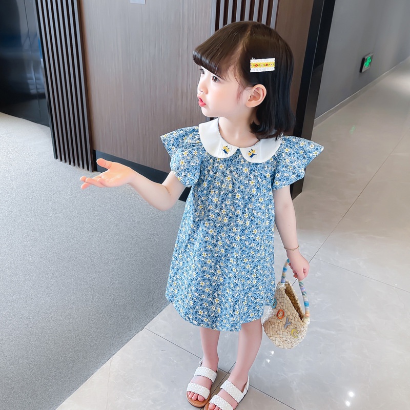 Đầm Thời Trang Dạo Phố Đáng Yêu Dành Cho Trẻ 20222♚✘Đầm cotton Cổ Búp Bê Họa Tiết Hoa Thêu Xinh Xắn Thời Trang Cho Trẻ Em Gái