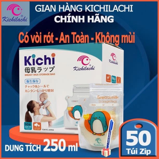 (Kèm viết) Hộp 50 túi trữ sữa mẹ 250ml KICHILACHI KICHI K50V (Công Nghệ Nhật)