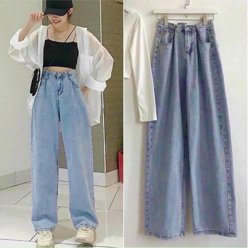 Quần jeans suông trơn ống rộng cạp cao siêu hot