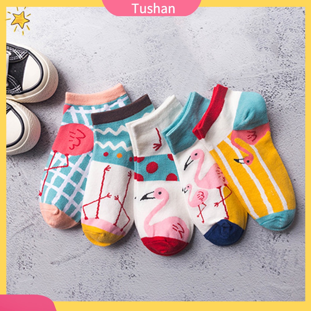 TUSH Fashion Women Flamingo Print Low Cut Breathable Cotton Short Ankle Boat Socks