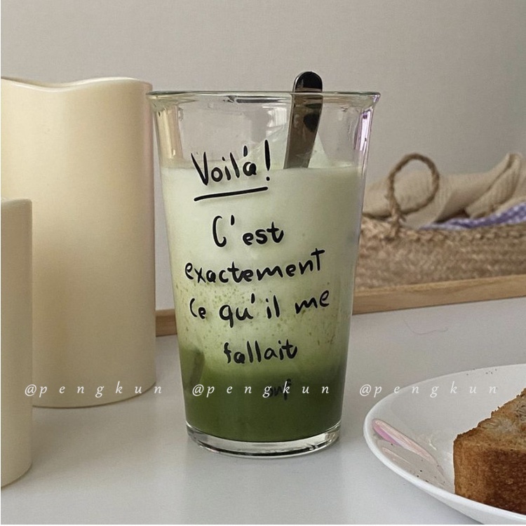 Cốc thủy tinh lãng mạn kiểu Pháp Blogger Hàn Quốc ins Gió cùng cốc cà phê thủy tinh Cốc latte Chữ cái đơn giản của Pháp Cốc ăn sáng Cốc nước ép sữa