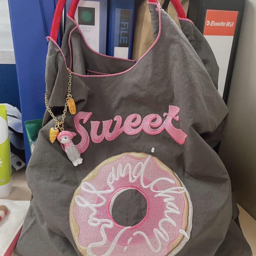 Túi Vải Nylon Thêu Hình Bánh Donut Nhật Bản Bảo Vệ Môi Trường Cho Học Sinh