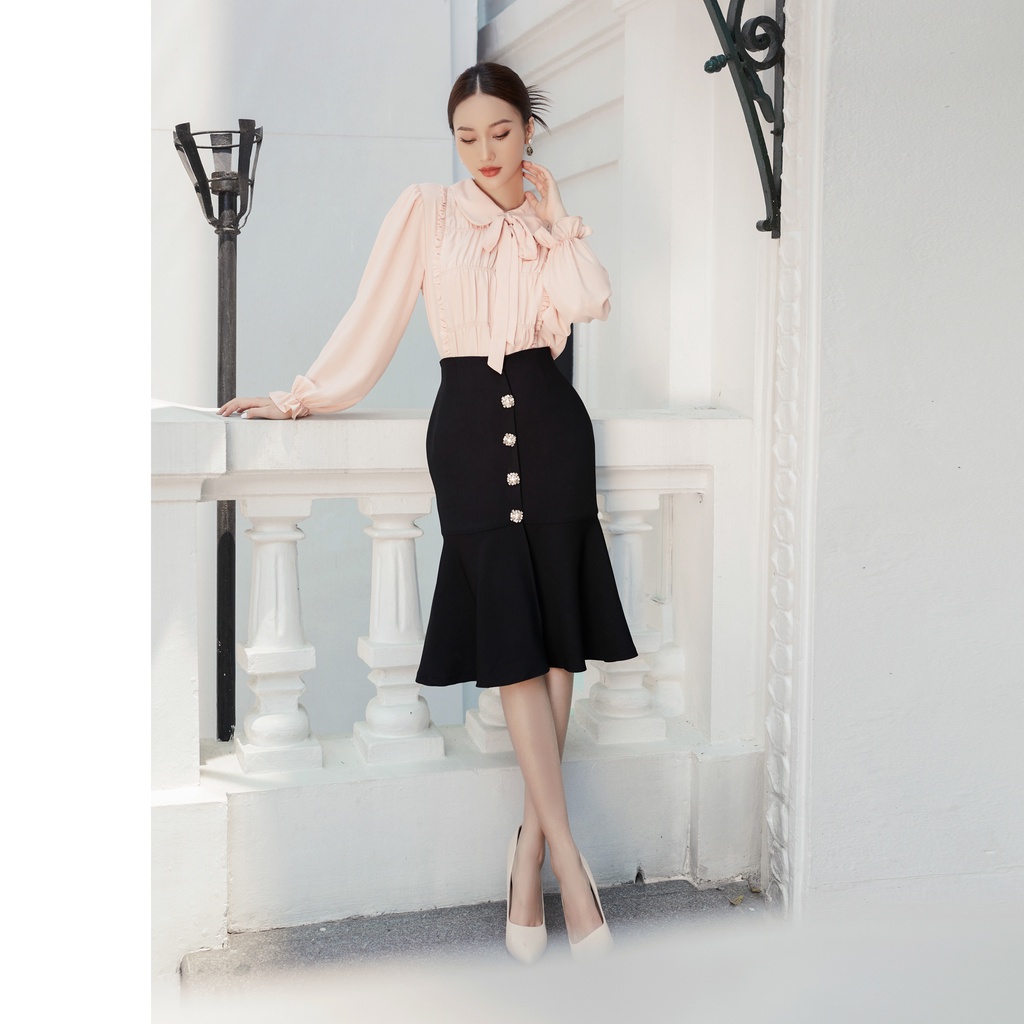 Áo sơ mi hồng pastel cổ nơ thân trước bèo nhún thời trang công sở nữ CIVICHIVI