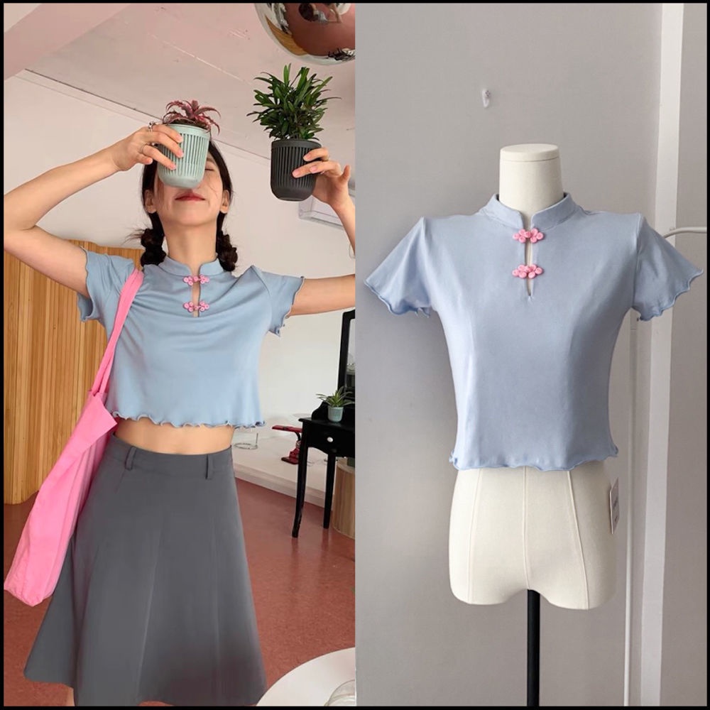 Áo Thun Ngắn Tay Dáng Ôm Phối Nút Thời Trang Mùa Hè Phong Cách Mới Cho Nữ