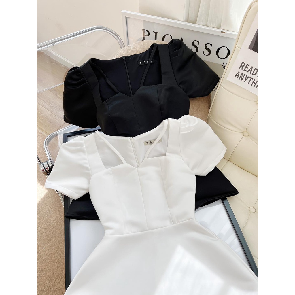 Áo Peplum Tay Phồng Cổ V Công Sở / Đi Tiệc / Du Lịch Sang Trọng Màu Trắng / Đen