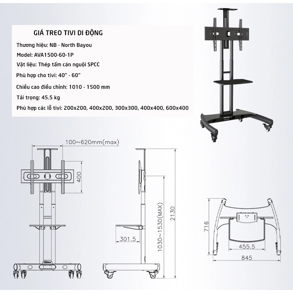 Giá treo tivi di động 32&quot; - 65&quot; NB NorthBayou AVA1500-60-1P