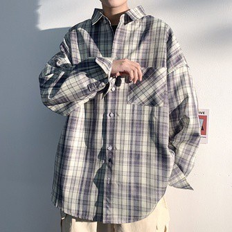 Áo sơ mi khoác ngoài tay dài dáng rộng kẻ ca-rô trẻ trung hợp thời trang cho nam
