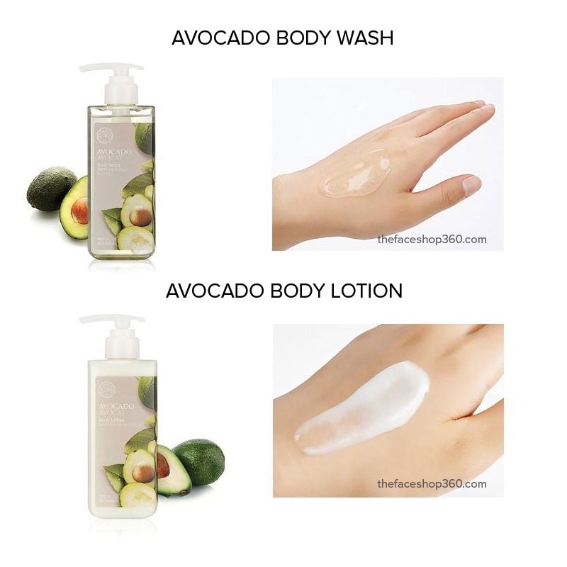 Bộ gel tắm sữa dưỡng sáng mịn từ Bơ và Vitamin E Avocado Special Body Care Set The Face Shop