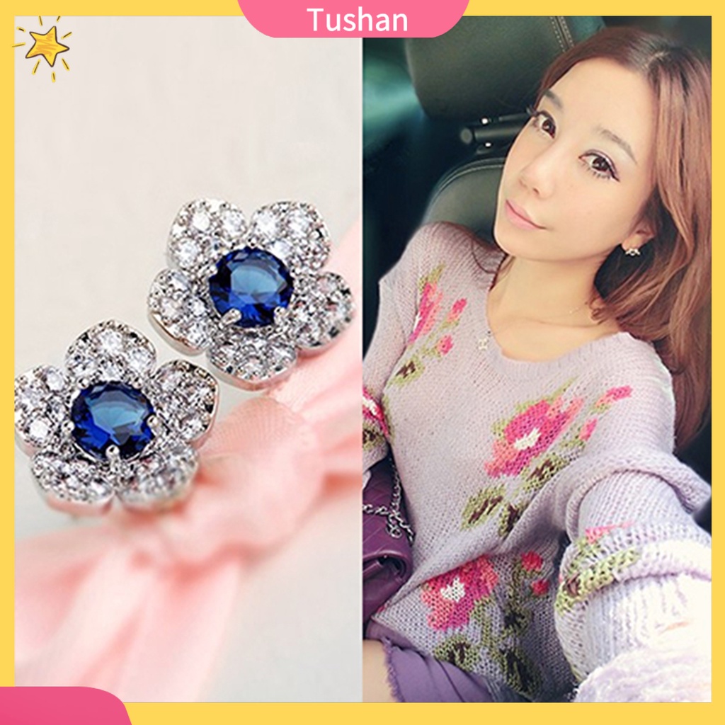 Khuyên tai hoa đính đá pha lê xanh lam hợp thời trang