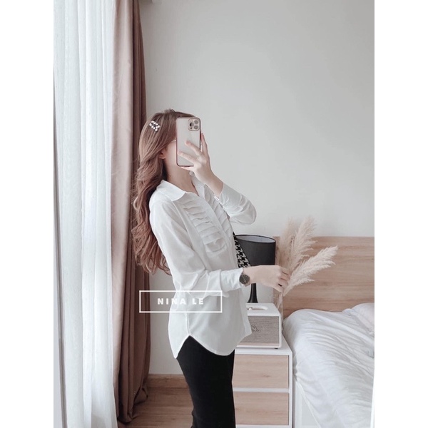 Áo Sơ Mi Trắng Xếp Ly Ngực Hàng Đep Kiểu Công Sở MOLA Sơmi Tay Dài Cao Cấp  Hàn Quốc Vintage Tiểu Thư