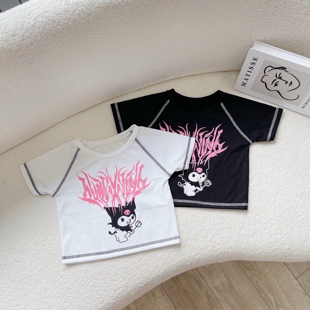 Áo Croptop Cổ Tròn Tay Ngắn Viền Chỉ In Hình Quỷ Siêu Ngầu